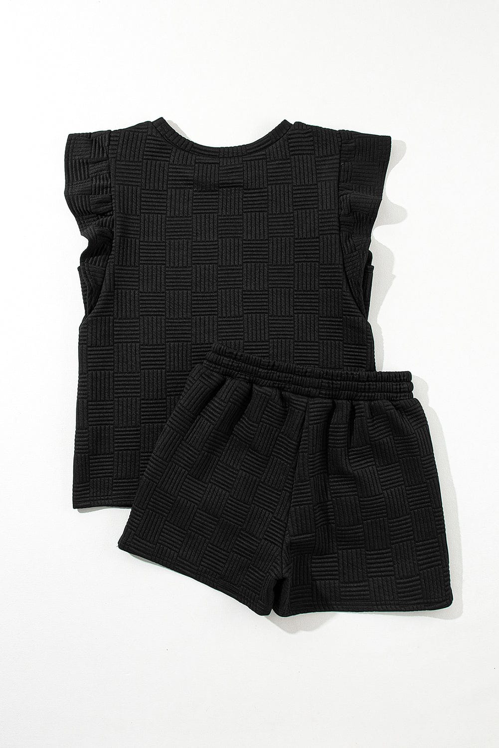 Textured Black Ruffled Sleeve Tee and Drawstring Shorts Set