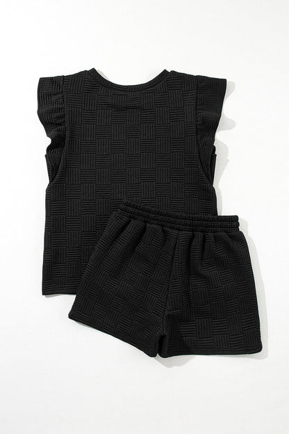 Textured Black Ruffled Sleeve Tee and Drawstring Shorts Set