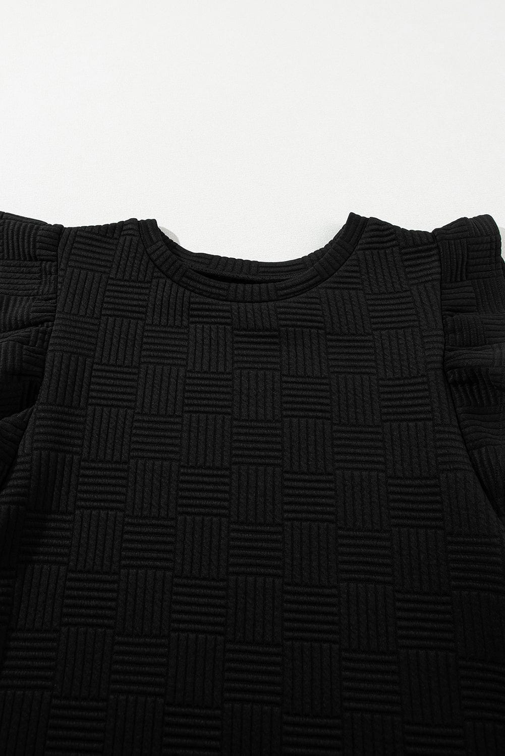 Textured Black Ruffled Sleeve Tee and Drawstring Shorts Set