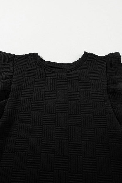 Textured Black Ruffled Sleeve Tee and Drawstring Shorts Set
