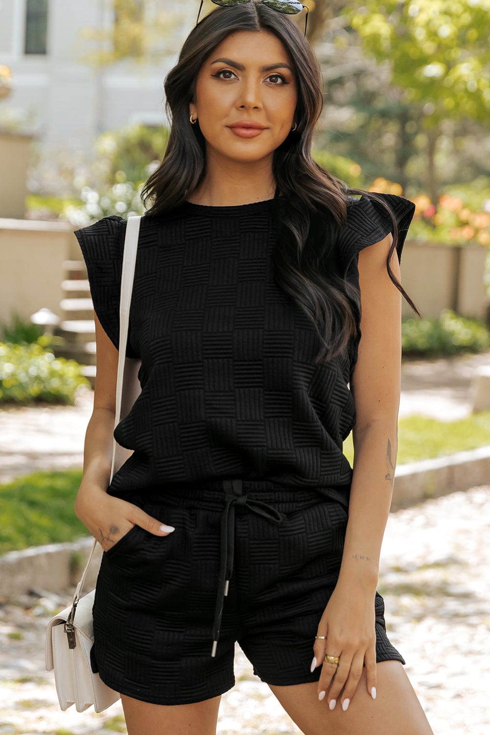 Textured Black Ruffled Sleeve Tee and Drawstring Shorts Set
