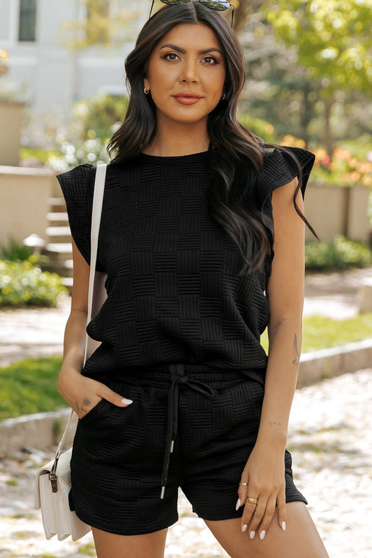 Textured Black Ruffled Sleeve Tee and Drawstring Shorts Set