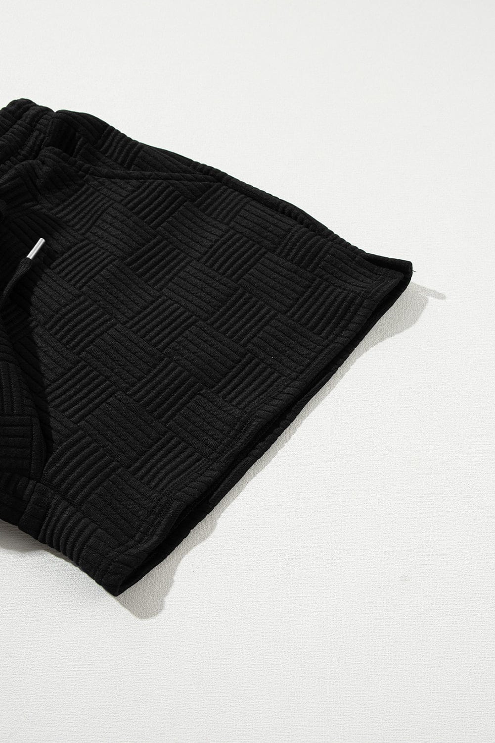 Textured Black Ruffled Sleeve Tee and Drawstring Shorts Set