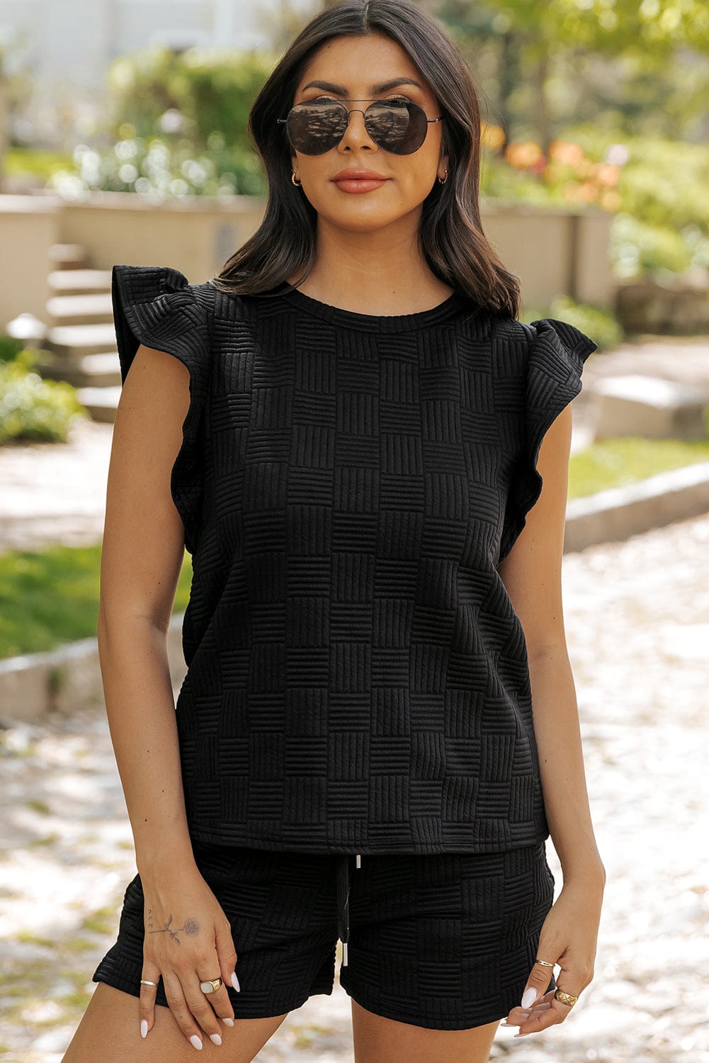 Textured Black Ruffled Sleeve Tee and Drawstring Shorts Set