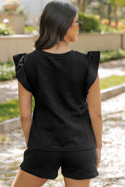 Textured Black Ruffled Sleeve Tee and Drawstring Shorts Set