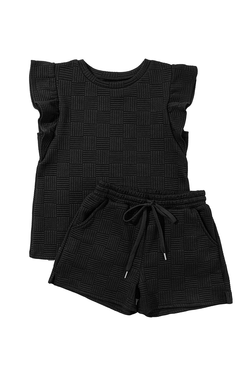 Textured Black Ruffled Sleeve Tee and Drawstring Shorts Set