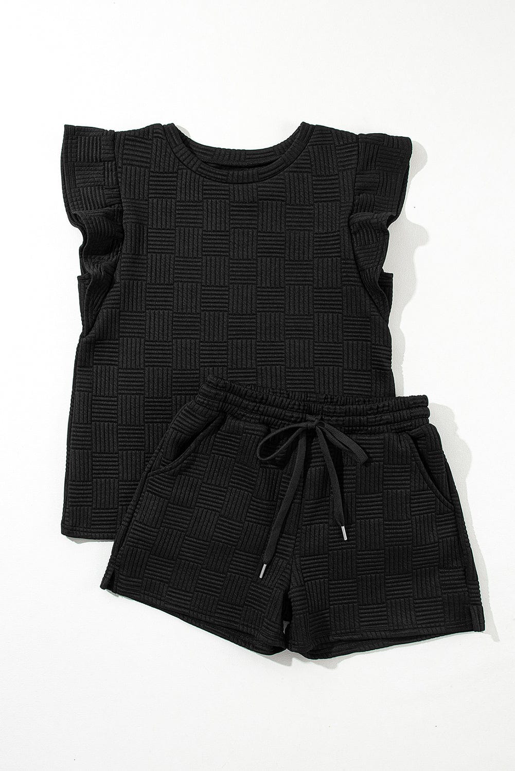 Textured Black Ruffled Sleeve Tee and Drawstring Shorts Set