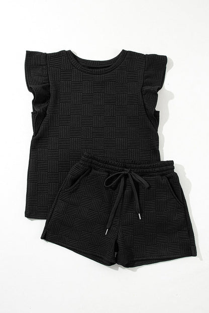 Textured Black Ruffled Sleeve Tee and Drawstring Shorts Set