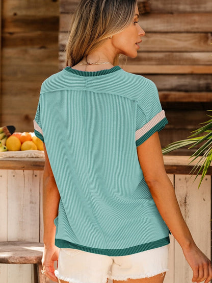 Textured Grass Green Round Neck T-Shirt with Contrast Trim