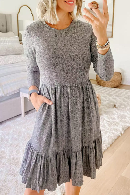 Textured Gray Ruffle Detail A-Line Midi Dress