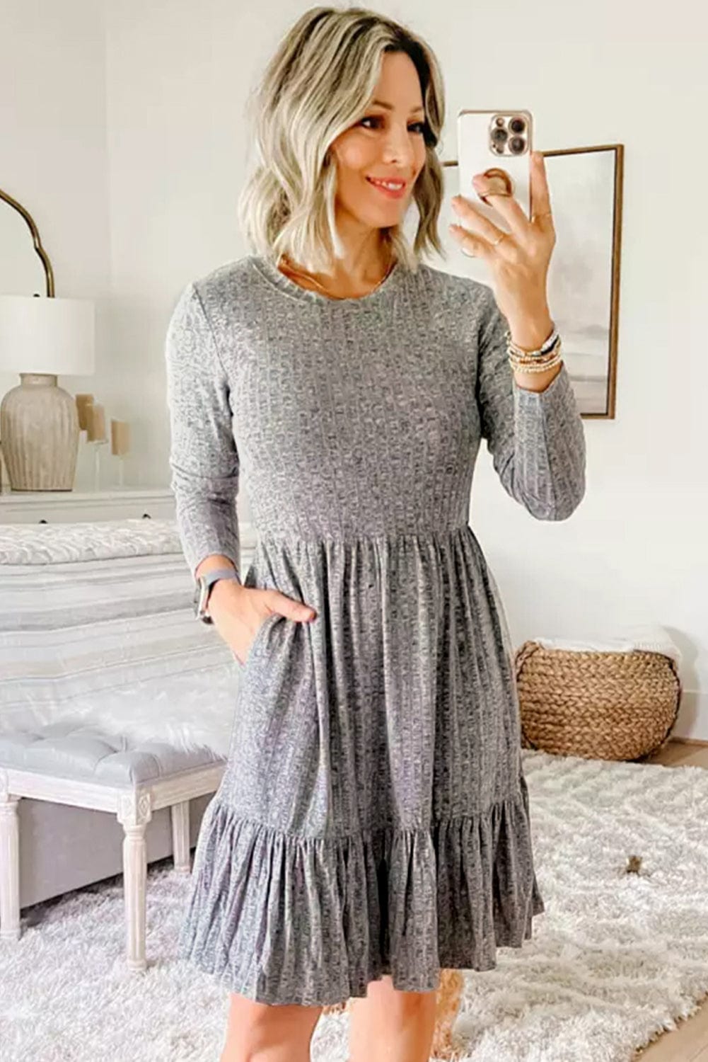 Textured Gray Ruffle Detail A-Line Midi Dress