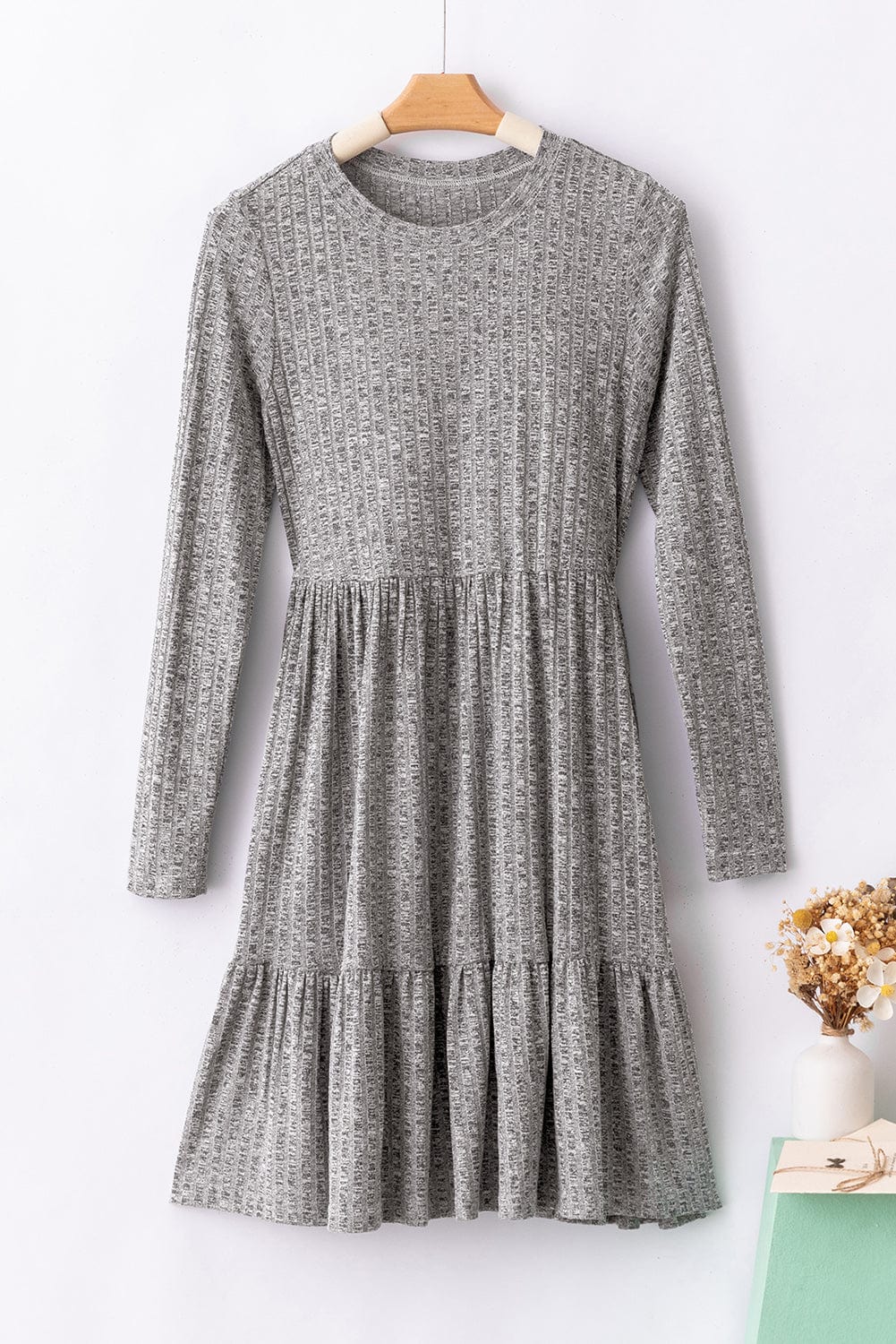 Textured Gray Ruffle Detail A-Line Midi Dress