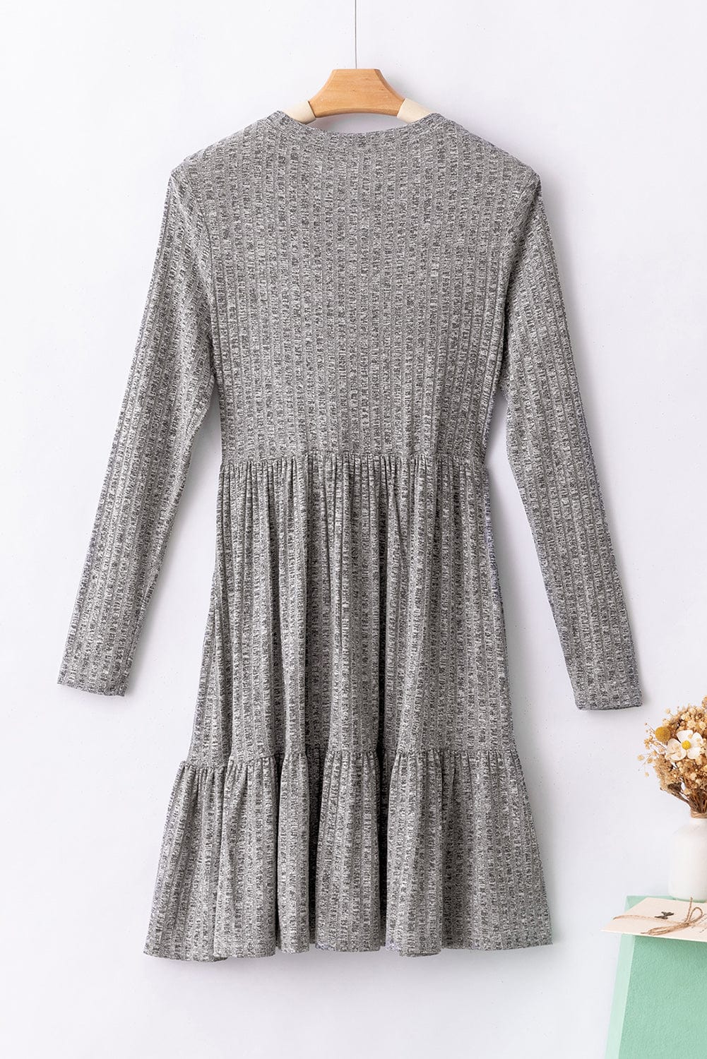 Textured Gray Ruffle Detail A-Line Midi Dress