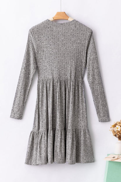 Textured Gray Ruffle Detail A-Line Midi Dress