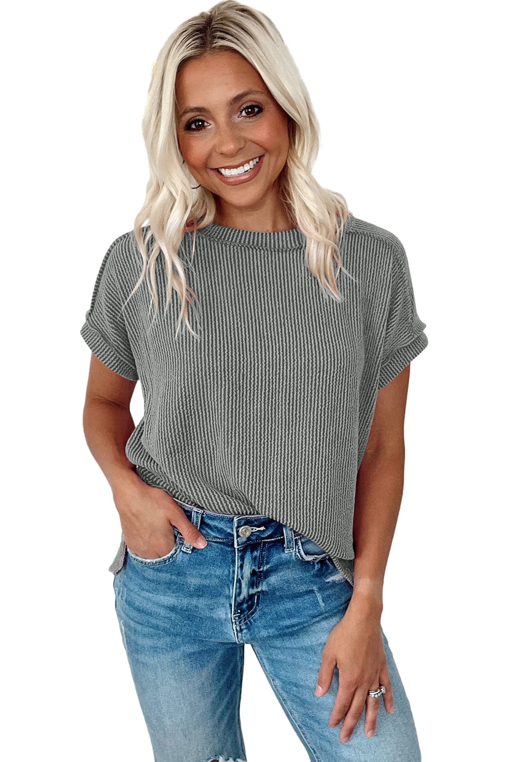 Textured Grey Knit T-shirt with Exposed Stitching