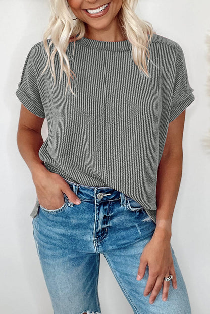 Textured Grey Knit T-shirt with Exposed Stitching