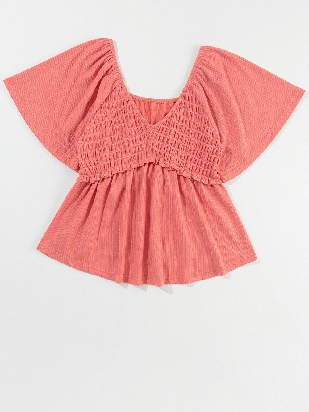 Textured Tomato Red V Neck Flutter Sleeve Peplum Blouse