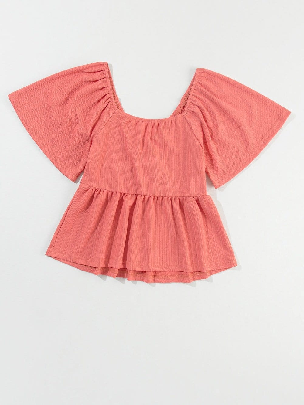 Textured Tomato Red V Neck Flutter Sleeve Peplum Blouse