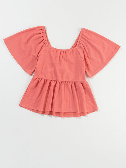 Textured Tomato Red V Neck Flutter Sleeve Peplum Blouse