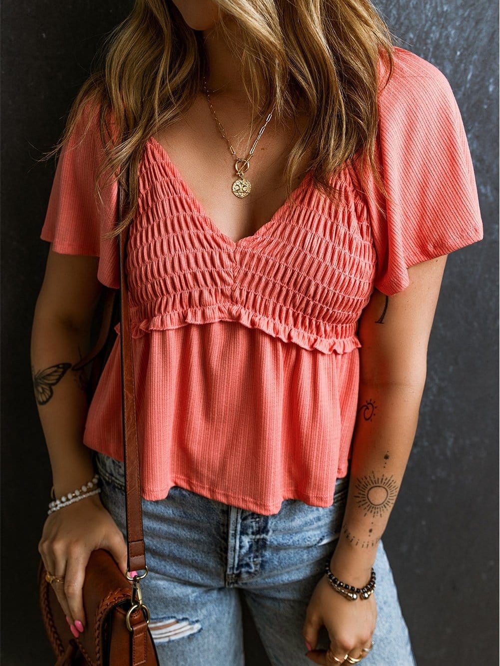 Textured Tomato Red V Neck Flutter Sleeve Peplum Blouse