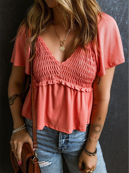 Textured Tomato Red V Neck Flutter Sleeve Peplum Blouse
