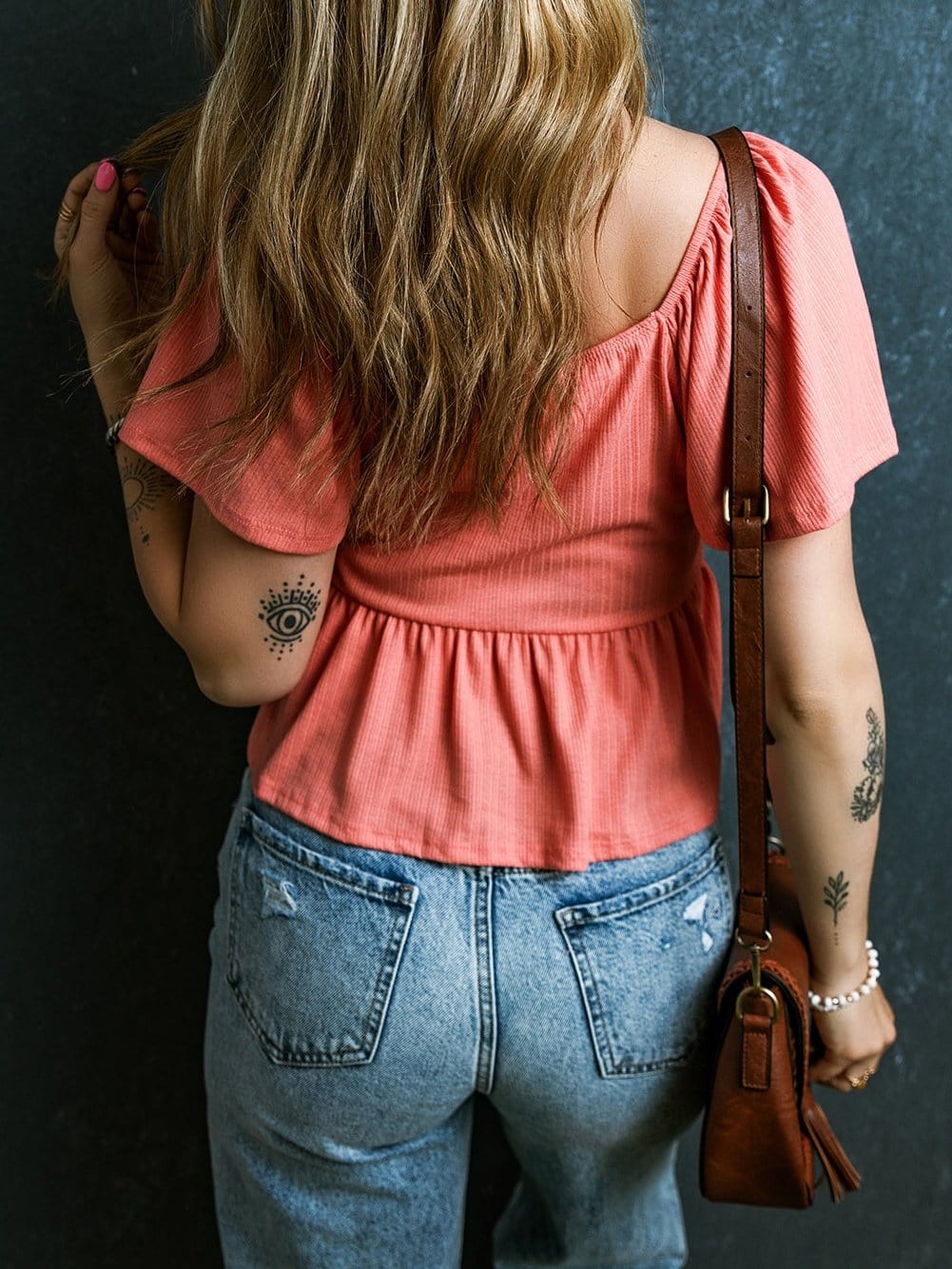 Textured Tomato Red V Neck Flutter Sleeve Peplum Blouse