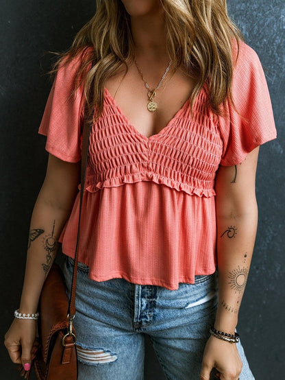 Textured Tomato Red V Neck Flutter Sleeve Peplum Blouse