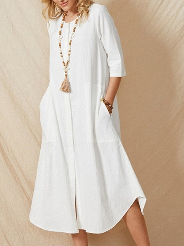 Women's Dress - Cotton Linen Dress Casual Dress Shift Dress Midi Dress White 3/4 Length Sleeve Pure Color Pocket Summer Spring Crew Neck Basic Vacation Loose Fit Retro S M L XL XXL 3XL