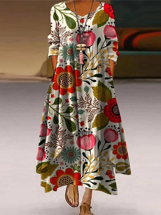 Women's Dress - Casual Dress Swing Dress Long Dress Maxi Dress White Beige Long Sleeve Animal Button Summer Spring V Neck Vacation Vacation Loose Fit 2023 S M L XL XXL 3XL 4XL 5XL