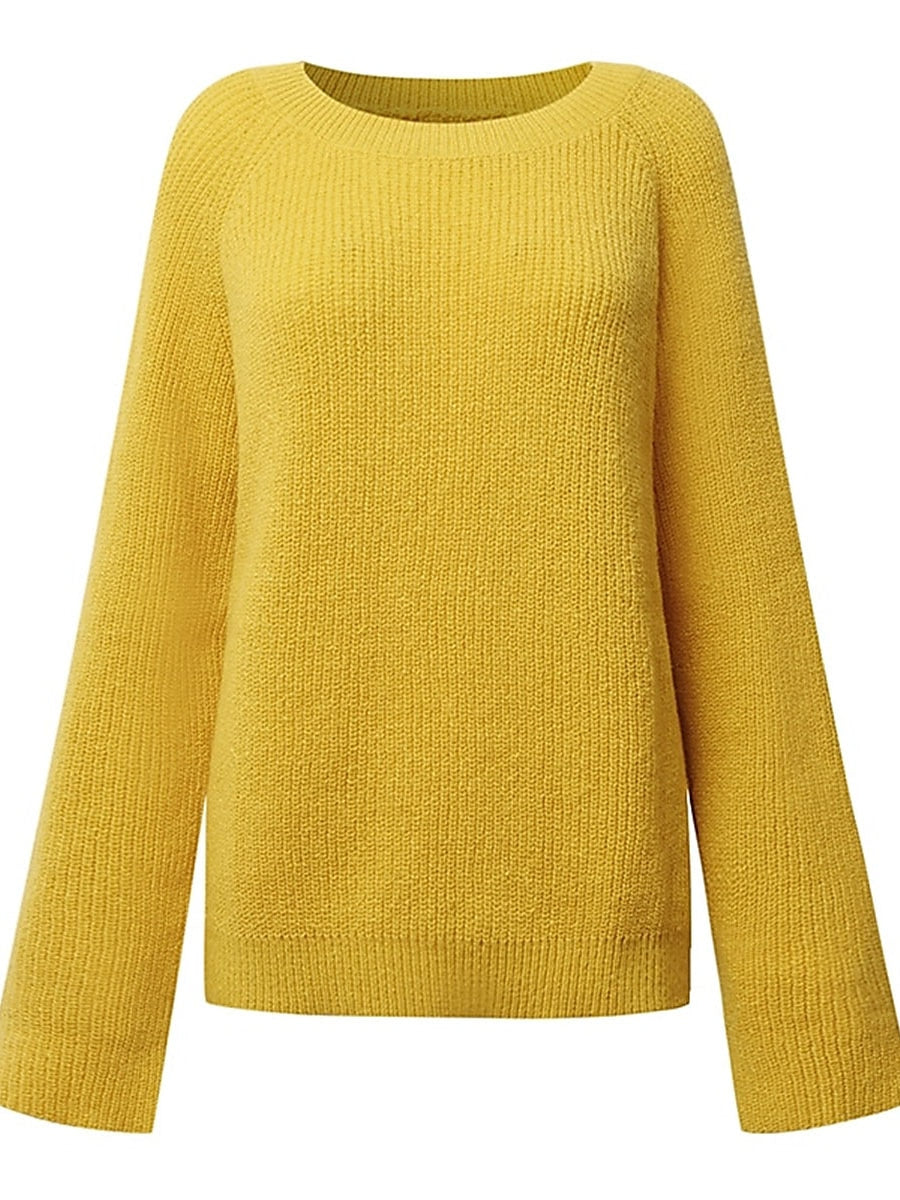 Women's Pullover Sweater Jumper Crew Neck Ribbed Knit Polyester Oversized Fall Winter Regular Daily Going out Weekend Stylish Casual Soft Long Sleeve Solid Color Black Yellow Navy Blue S M L