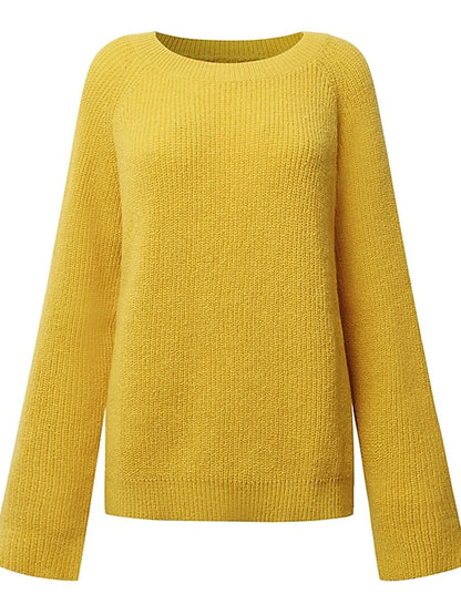 Women's Pullover Sweater Jumper Crew Neck Ribbed Knit Polyester Oversized Fall Winter Regular Daily Going out Weekend Stylish Casual Soft Long Sleeve Solid Color Black Yellow Navy Blue S M L