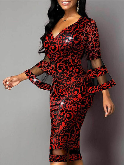 Women's Dress - Party Dress Bodycon Sheath Dress Midi Dress Red Green 3/4 Length Sleeve Floral Mesh Summer Spring V Neck Fashion Party Vacation 2023 S M L XL XXL
