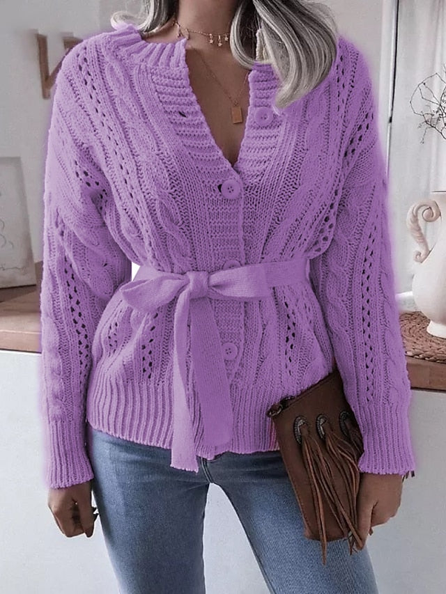 Women's Cardigan Sweater Jumper Cable Knit Lace up Button Pure Color Crew Neck Stylish Casual Outdoor Daily Winter Fall Purple Yellow S M L / Cotton / Long Sleeve / Cotton / Holiday / Regular Fit