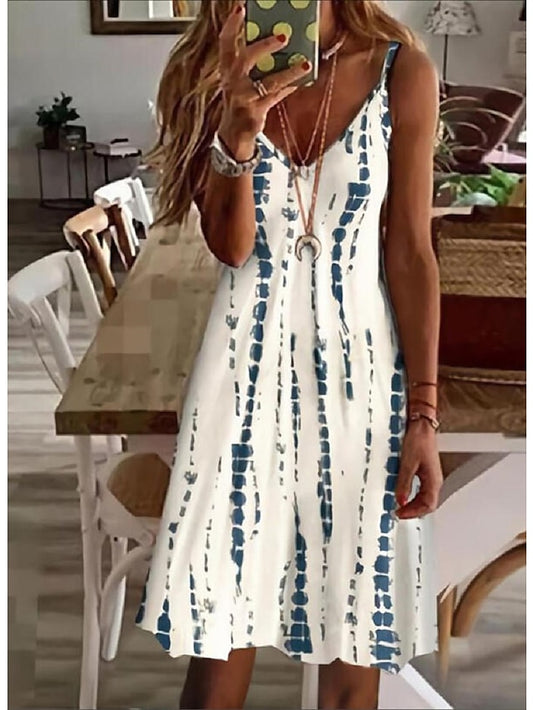 Women's Dress - Casual Dress Strap Dress Tank Dress Mini Dress White Sleeveless Geometric Print Summer Spring V Neck Vacation Summer Dress 2023 S M L XL XXL 3XL
