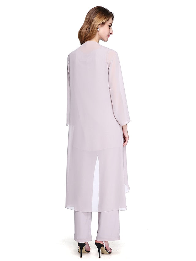 Jumpsuit / Pantsuit Mother of the Bride Dress Plus Size Elegant Bateau Neck Floor Length Chiffon Sleeveless yes with Solid Color 2023 - LuckyFash™