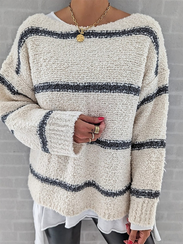 Women's Pullover Sweater Jumper Crew Neck Fuzzy Knit Cotton Blend Oversized Fall Winter Regular Daily Going out Stylish Casual Soft Long Sleeve Striped White / Black Light Blue S M L