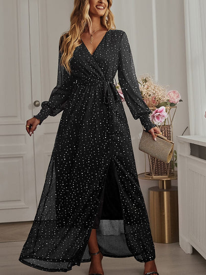 Tie Waist Slit V Neck Long Sleeved Maxi Dress