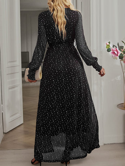 Tie Waist Slit V Neck Long Sleeved Maxi Dress