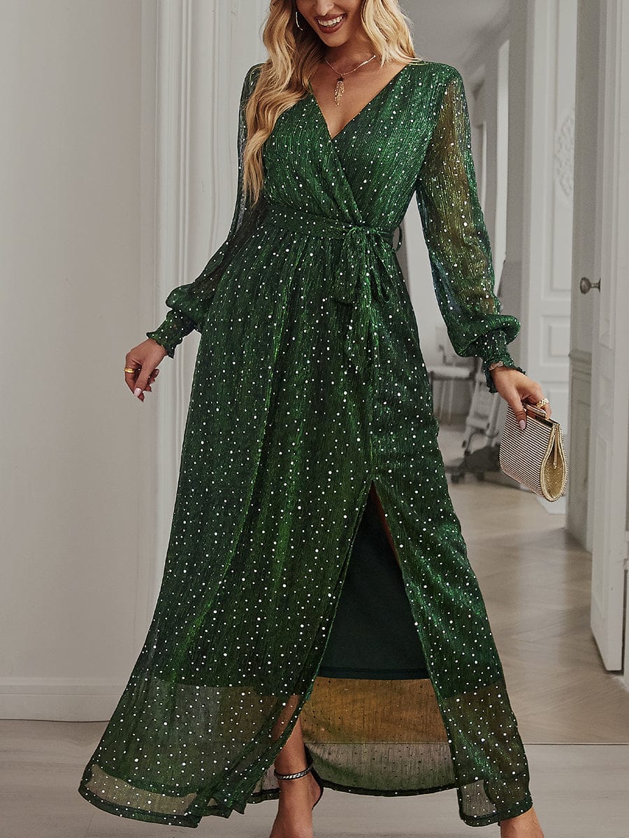Tie Waist Slit V Neck Long Sleeved Maxi Dress