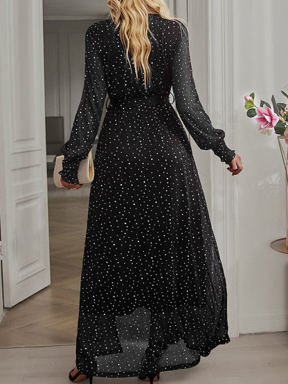 Tie Waist Slit V Neck Long Sleeved Maxi Dress