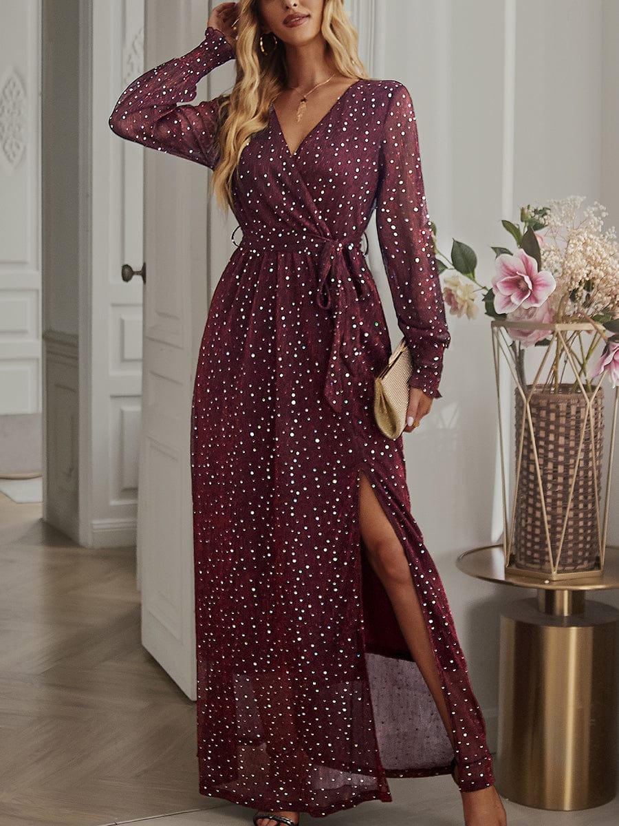 Tie Waist Slit V Neck Long Sleeved Maxi Dress