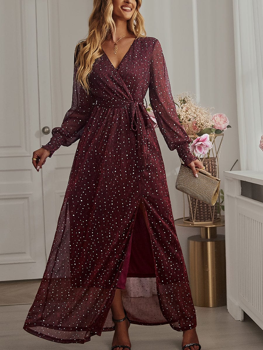 Tie Waist Slit V Neck Long Sleeved Maxi Dress