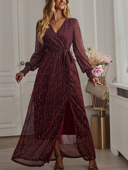 Tie Waist Slit V Neck Long Sleeved Maxi Dress