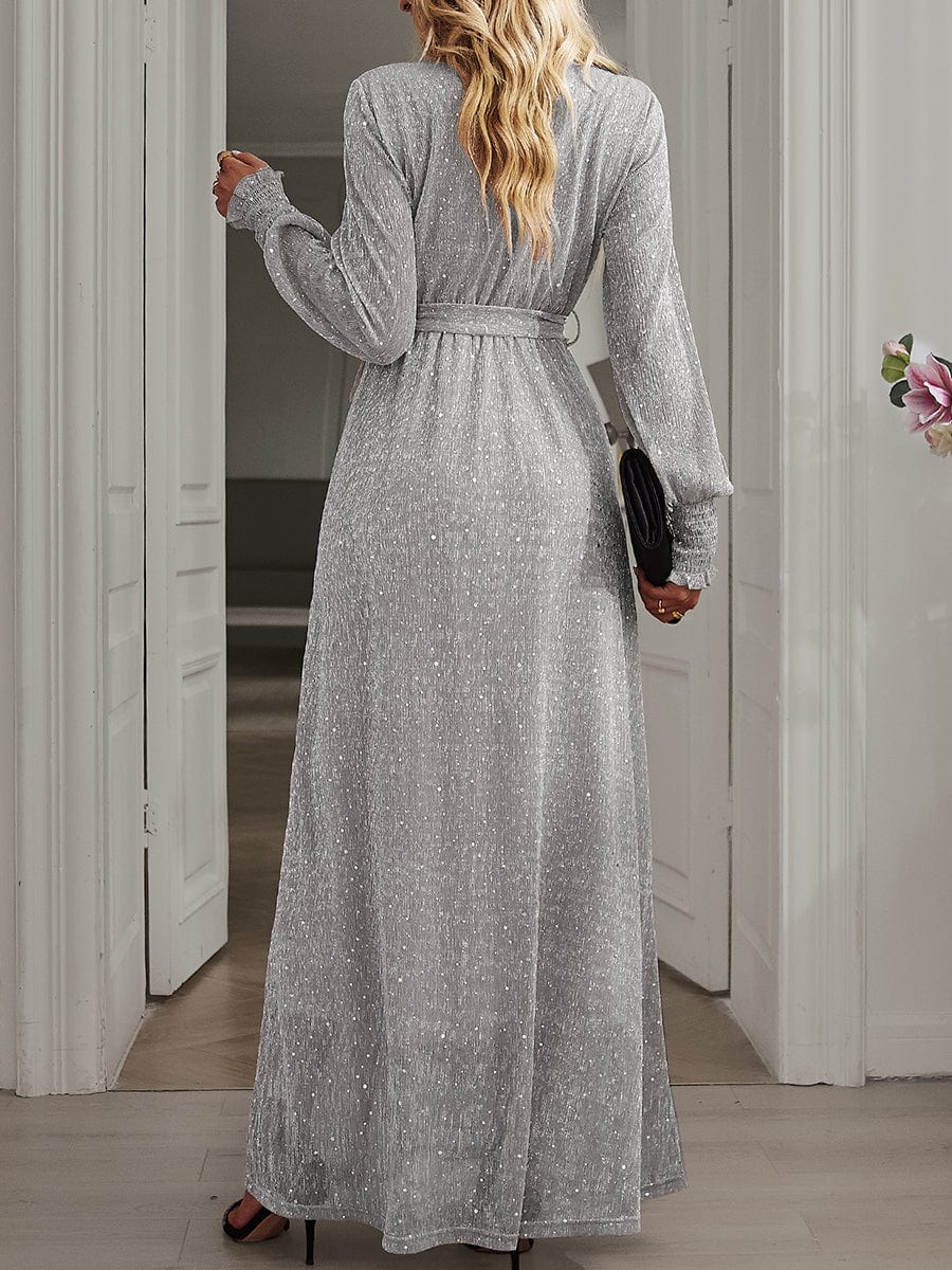 Tie Waist Slit V Neck Long Sleeved Maxi Dress