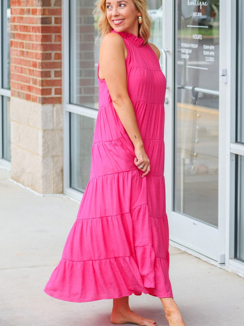Tiered Rose Red Maxi Dress with High Frilled Neck