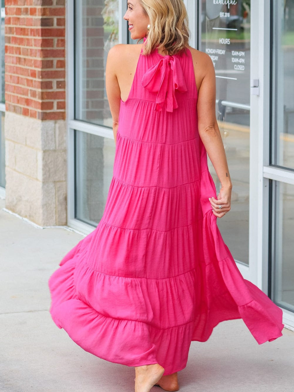 Tiered Rose Red Maxi Dress with High Frilled Neck