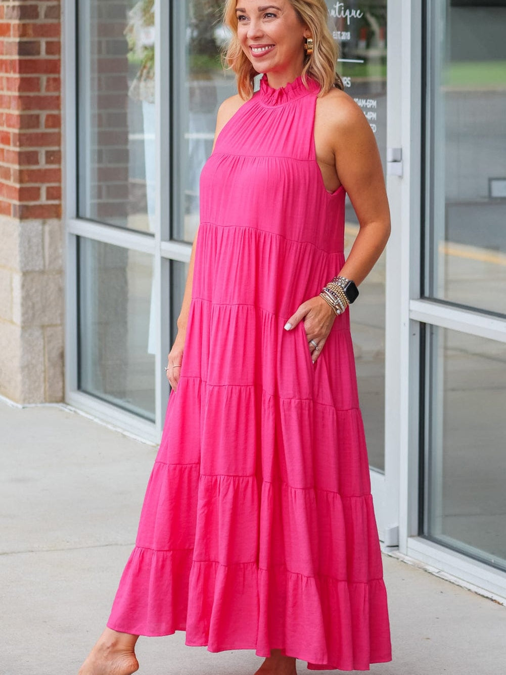 Tiered Rose Red Maxi Dress with High Frilled Neck