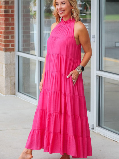 Tiered Rose Red Maxi Dress with High Frilled Neck