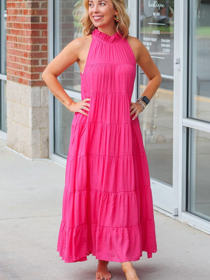 Tiered Rose Red Maxi Dress with High Frilled Neck