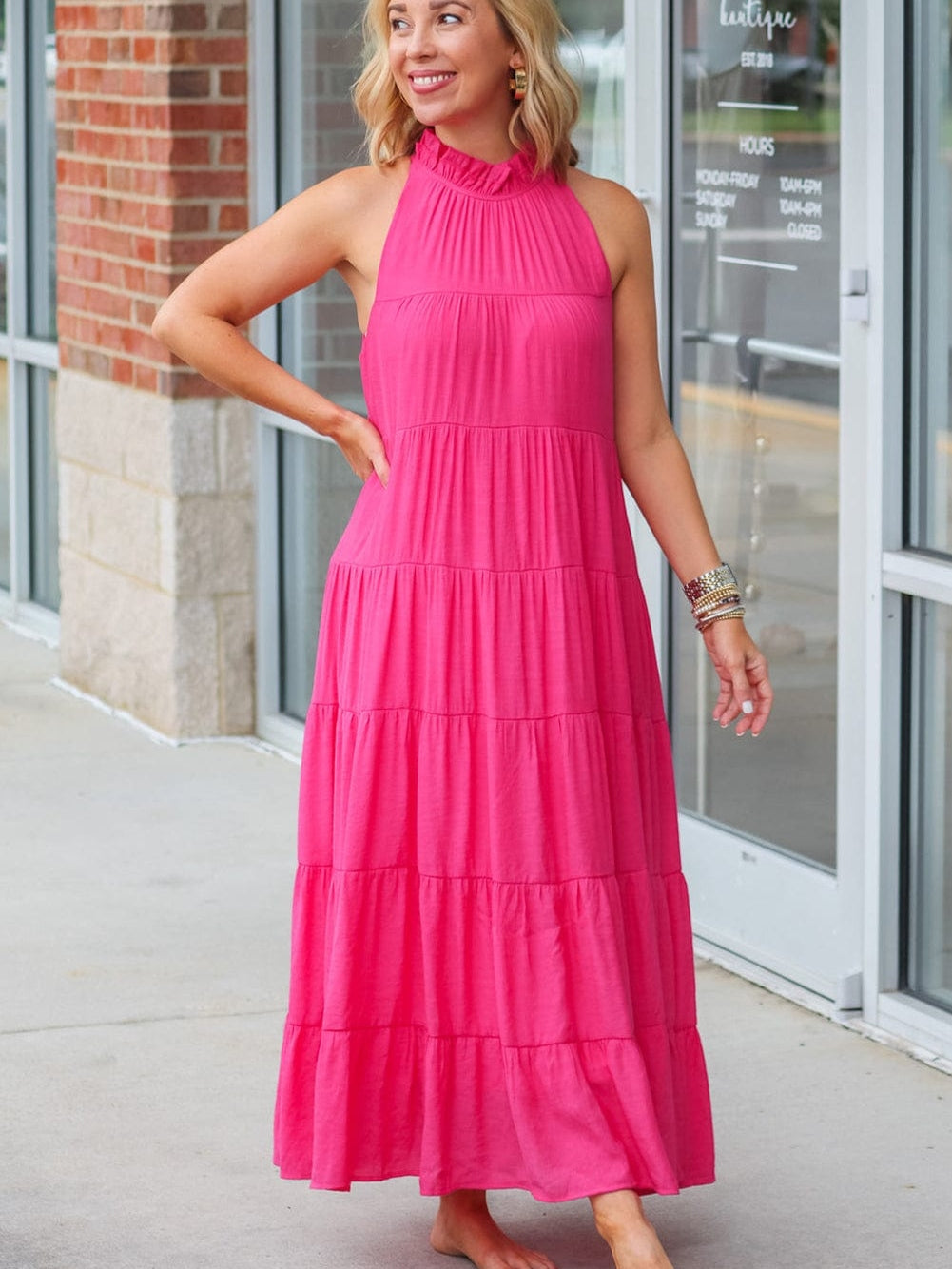 Tiered Rose Red Maxi Dress with High Frilled Neck